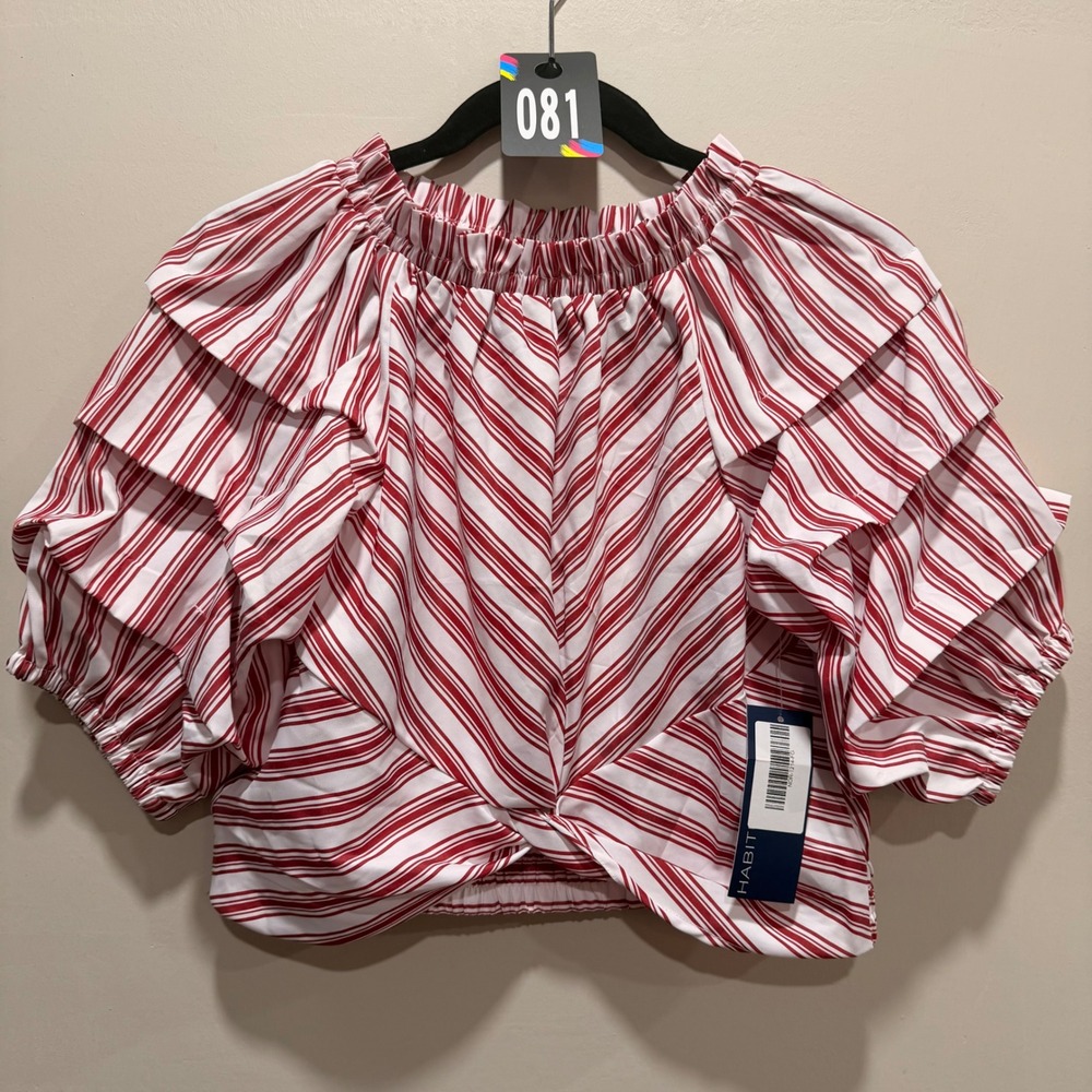 #81 Habitual Top Girls Sz. 16 Red NWT Striped‎ Ruffle Sleeve Twist Front Blouse